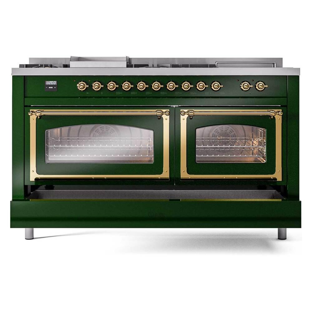 Ilve UN60FSNMPEGGLP Ilve Un60Fsnmpegglp Nostalgie Ii Noblesse 60" Dual Fuel Range (7 Sealed Burners + Griddle + French Top, Liquid Propane, Triple Glass Door, Emerald Green, Brass)