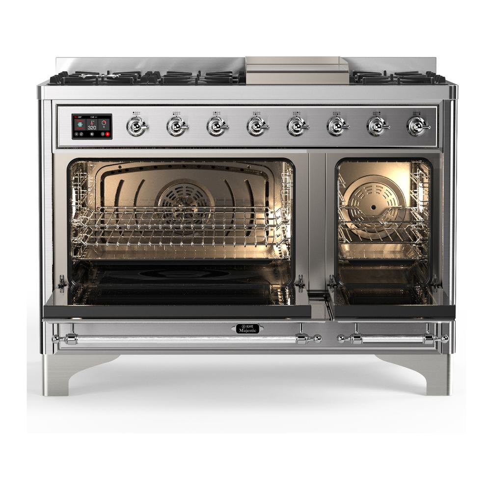 Ilve UM48FNR3SSCLP Ilve Um48Fnr3Ssclp Majestic Iii 48 Inch Dual Fuel Range With 8 Burners And Griddle, Dual Function Burner Up To 25,000 Btu (Liquid Propane, Triple Glass Door, Stainless Steel, Chrome)