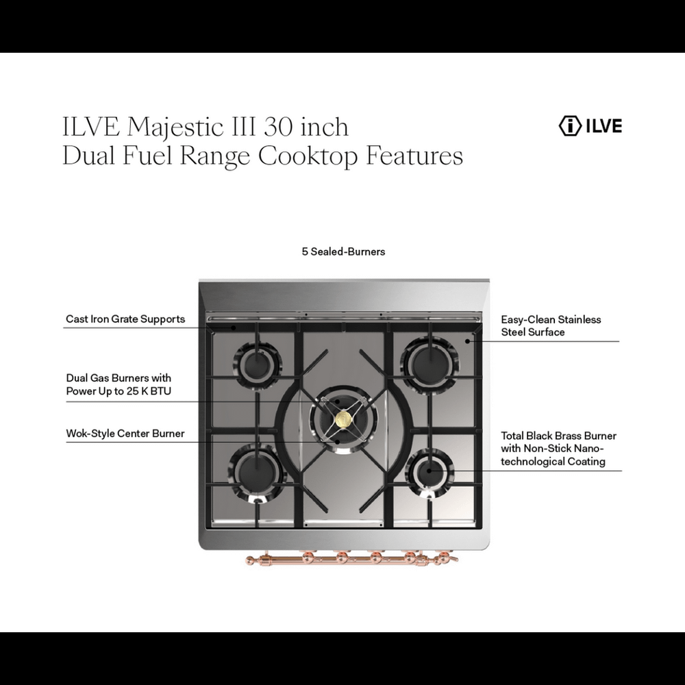 Ilve UM30NR3AWB Ilve Um30Nr3Awb Majestic Iii 30 Inch Dual Fuel Range With 5 Black Brass Burners, Dual Function Burner Up To 25,000 Btu (Natural Gas, Triple Glass Door, Antique White, Burnished)