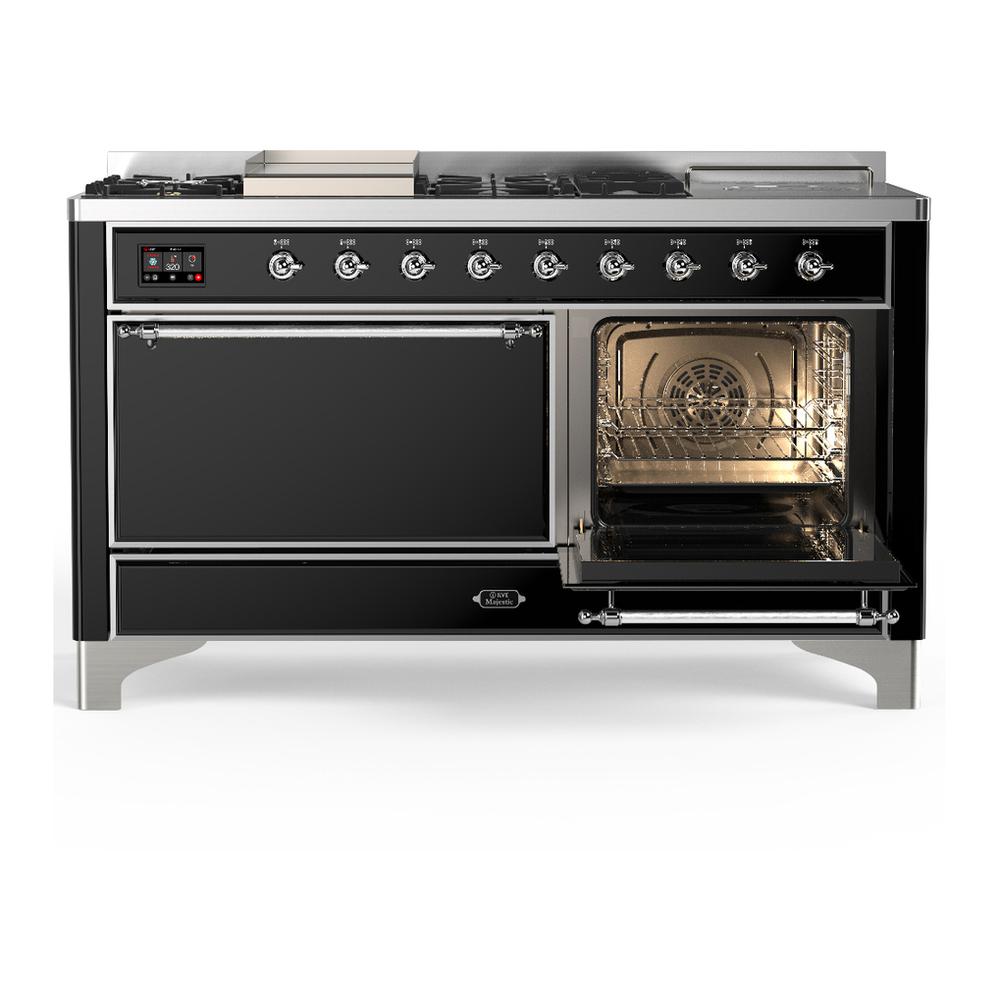 Ilve UM60FSQNR3BKC Ilve Um60Fsqnr3Bkc Majestic Iii 60 Inch Dual Fuel Range With 7 Burners, Griddle And French Top, Dual Function Burner With Up To 25,000 Btu (Natural Gas, Solid Door, Glossy Black, Chrome)