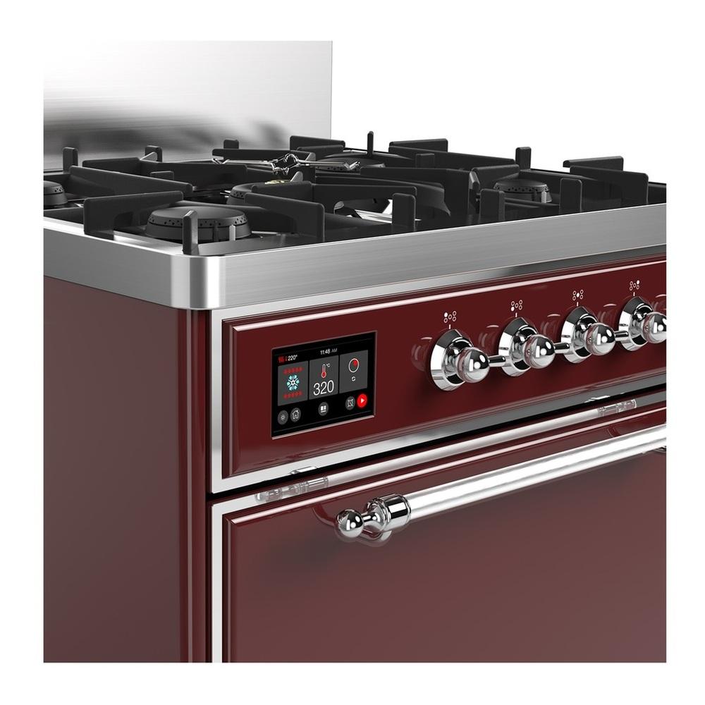 Ilve UM30QNR3BUC Ilve Um30Qnr3Buc Majestic Iii 30 Inch Dual Fuel Range With 5 Black Brass Burners, Dual Function Burner Up To 25,000 Btu (Natural Gas, Solid Door, Burgundy, Chrome)