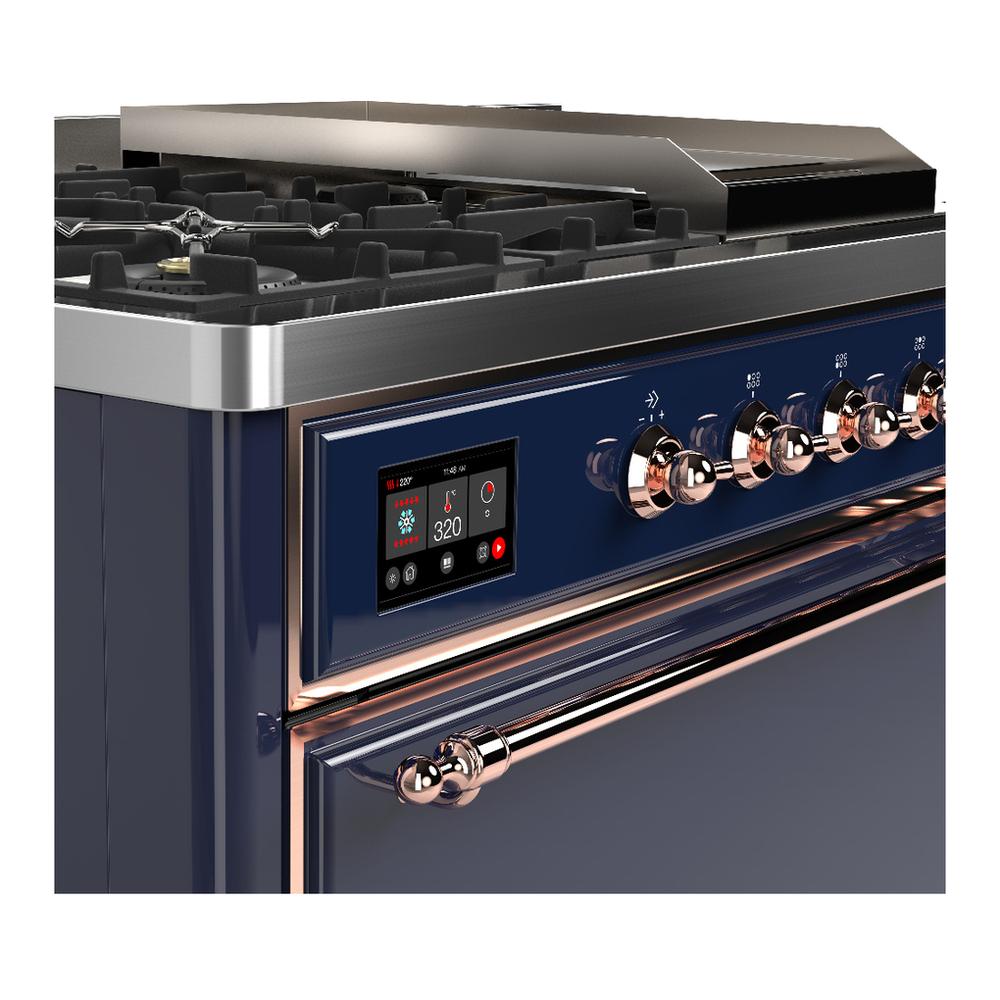 Ilve UM48FSQNR3MBPLP Ilve Um48Fsqnr3Mbplp Majestic Iii 48 Inch Dual Fuel Range With 5 Black Brass Burners, Griddle And French Top, Dual Function Burner Up To 25,000 Btu (Liquid Propane, Solid Door, Midnight Blue, Copper)