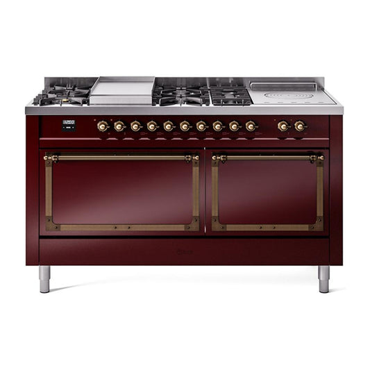 Ilve UN60FSQNMPBUBLP Ilve Un60Fsqnmpbublp Nostalgie Ii Noblesse 60" Dual Fuel Range (7 Sealed Burners + Griddle + French Top, Liquid Propane, Solid Door, Burgundy, Burnished)