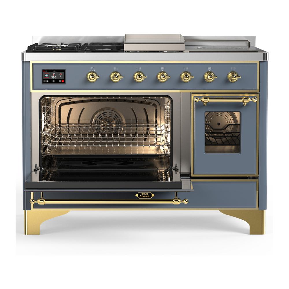 Ilve UM48FSNR3BGG Ilve Um48Fsnr3Bgg Majestic Iii 48 Inch Dual Fuel Range With 5 Black Brass Burners, Griddle And French Top, Dual Function Burner Up To 25,000 Btu (Natural Gas, Triple Glass Door, Blue Grey, Brass)