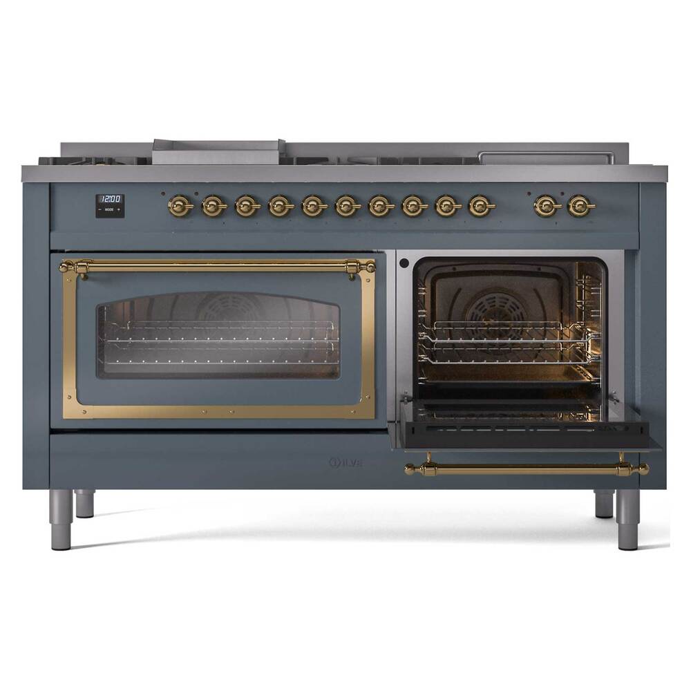 Ilve UN60FSNMPBGGLP Ilve Un60Fsnmpbgglp Nostalgie Ii Noblesse 60" Dual Fuel Range (7 Sealed Burners + Griddle + French Top, Liquid Propane, Triple Glass Door, Blue Grey, Brass)