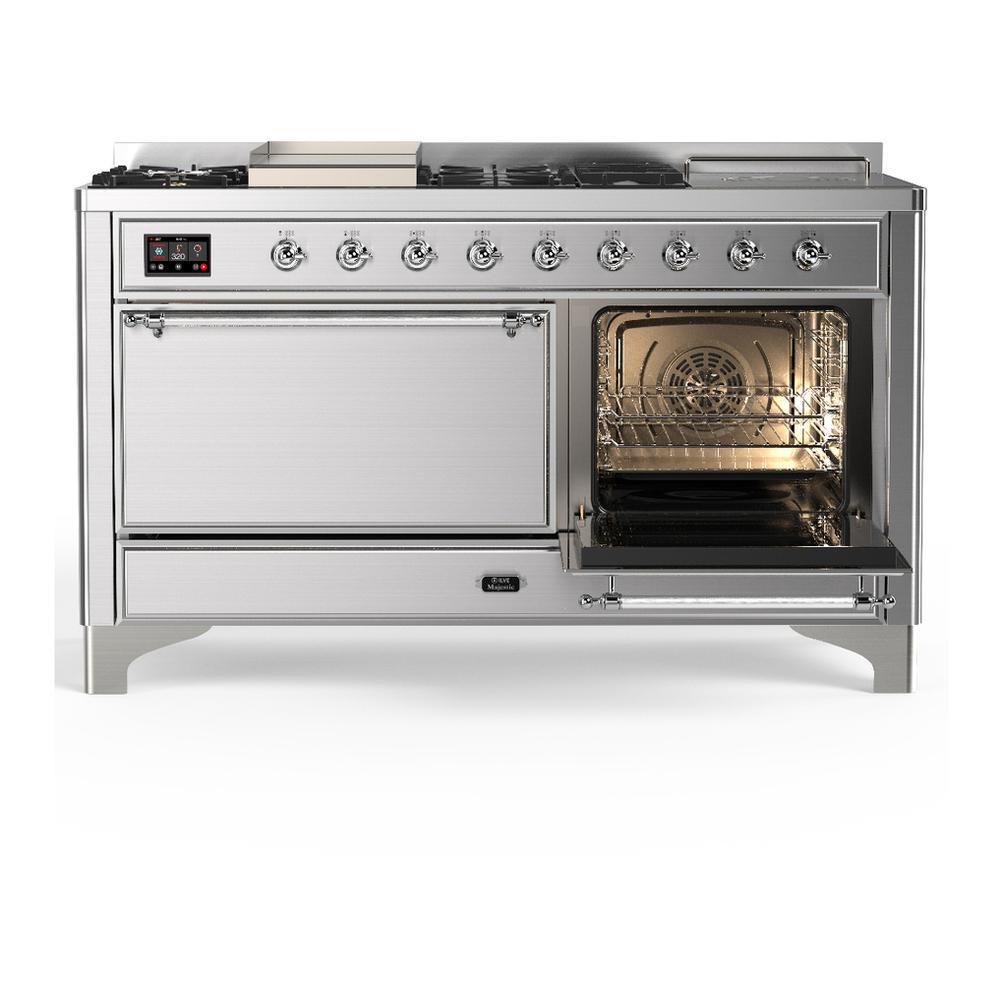 Ilve UM60FSQNR3SSC Ilve Um60Fsqnr3Ssc Majestic Iii 60 Inch Dual Fuel Range With 7 Burners, Griddle And French Top, Dual Function Burner With Up To 25,000 Btu (Natural Gas, Solid Door, Stainless Steel, Chrome)