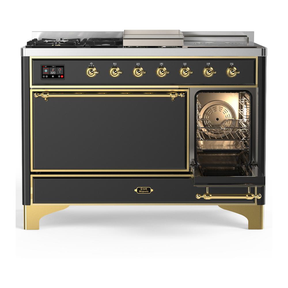 Ilve UM48FSQNR3MGGLP Ilve Um48Fsqnr3Mgglp Majestic Iii 48 Inch Dual Fuel Range With 5 Black Brass Burners, Griddle And French Top, Dual Function Burner Up To 25,000 Btu (Liquid Propane, Solid Door, Graphite Matte, Brass)