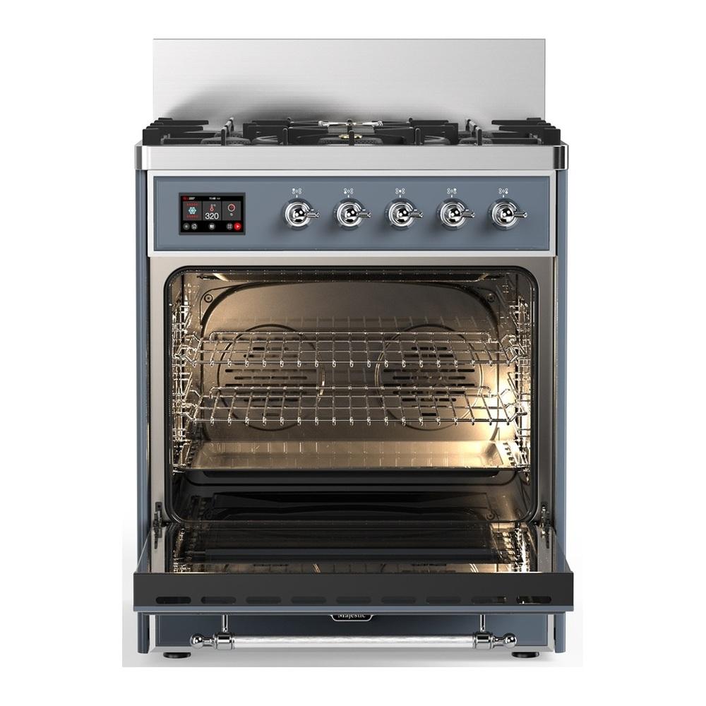 Ilve UM30NR3BGC Ilve Um30Nr3Bgc Majestic Iii 30 Inch Dual Fuel Range With 5 Black Brass Burners, Dual Function Burner Up To 25,000 Btu (Natural Gas, Triple Glass Door, Blue Grey, Chrome)