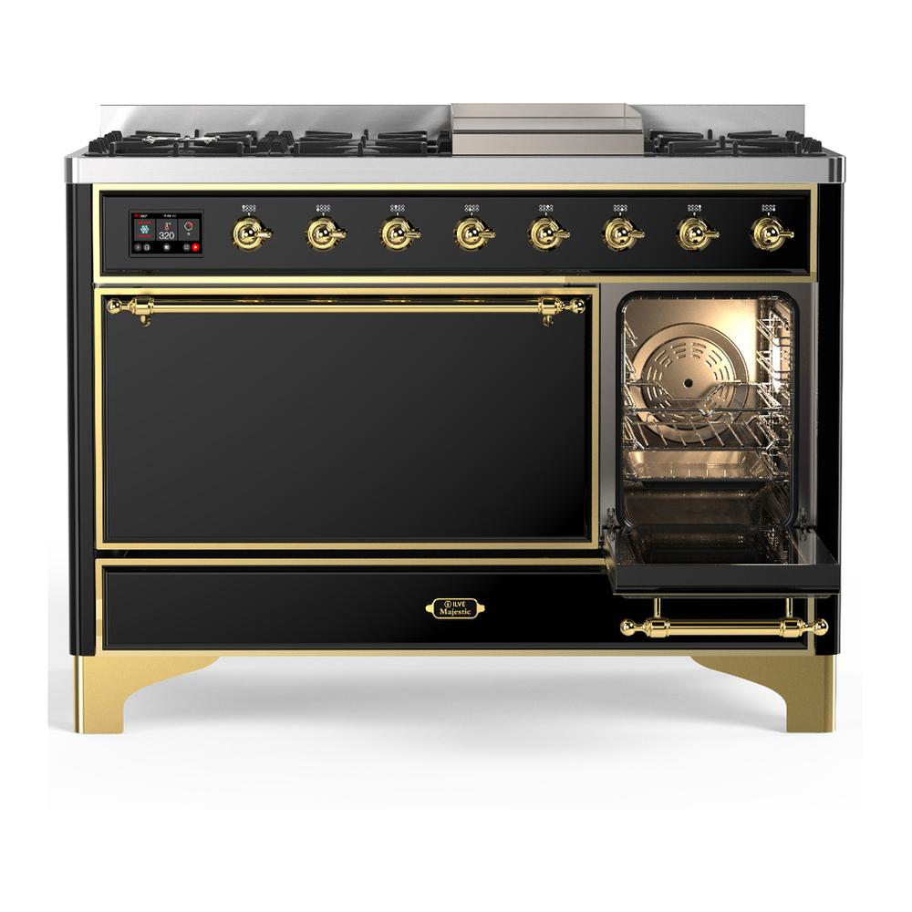 Ilve UM48FQNR3BKG Ilve Um48Fqnr3Bkg Majestic Iii 48 Inch Dual Fuel Range With 8 Burners And Griddle, Dual Function Burner Up To 25,000 Btu (Natural Gas, Solid Door, Glossy Black, Brass)