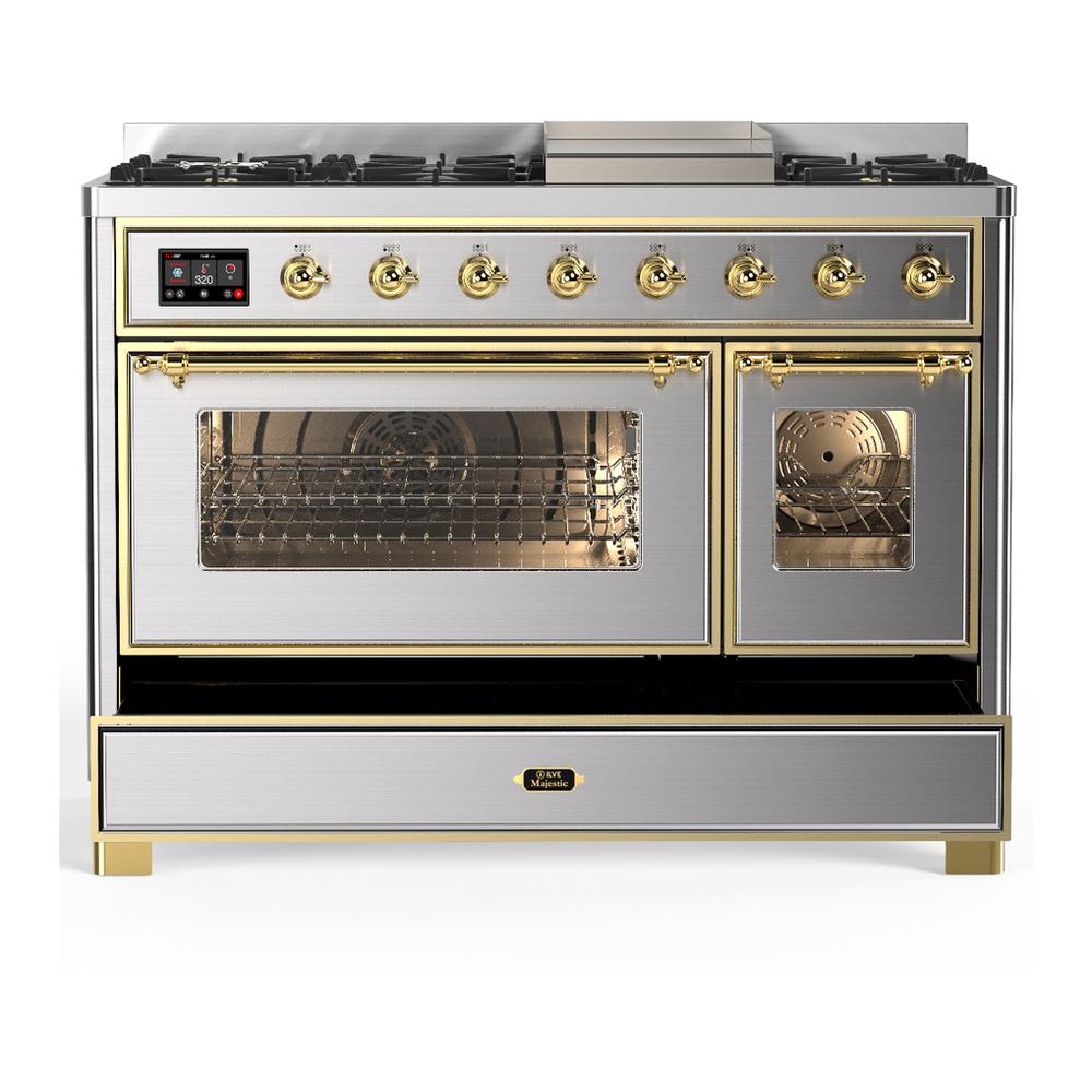 Ilve UM48FNR3SSGLP Ilve Um48Fnr3Ssglp Majestic Iii 48 Inch Dual Fuel Range With 8 Burners And Griddle, Dual Function Burner Up To 25,000 Btu (Liquid Propane, Triple Glass Door, Stainless Steel, Brass)