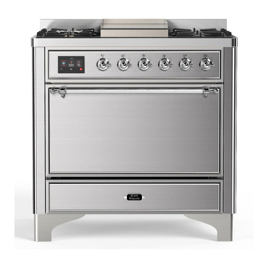 Ilve UM36FQNR3SSCLP Ilve Um36Fqnr3Ssclp Majestic Iii 36 Inch Dual Fuel Range With 6 Black Brass Burners And Griddle, Dual Function Burner Up To 25,000 Btu (Solid Door, Stainless Steel, Chrome, Liquid Propane)