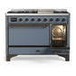 Ilve UM48FQNR3BGB Ilve Um48Fqnr3Bgb Majestic Iii 48 Inch Dual Fuel Range With 8 Burners And Griddle, Dual Function Burner Up To 25,000 Btu (Natural Gas, Solid Door, Blue Grey, Burnished)