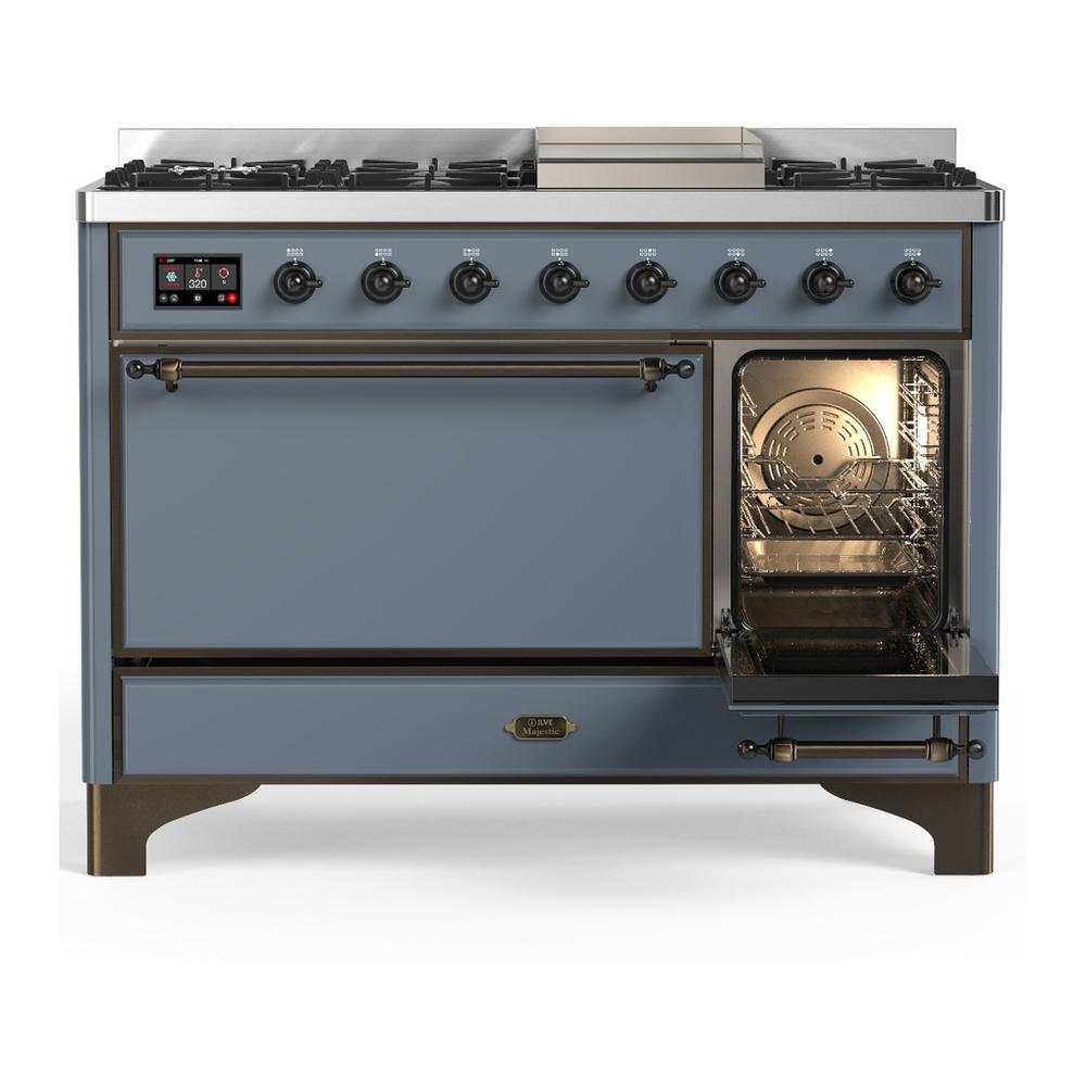 Ilve UM48FQNR3BGB Ilve Um48Fqnr3Bgb Majestic Iii 48 Inch Dual Fuel Range With 8 Burners And Griddle, Dual Function Burner Up To 25,000 Btu (Natural Gas, Solid Door, Blue Grey, Burnished)