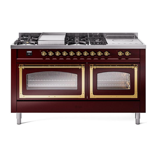 Ilve UN60FSNMPBUGLP Ilve Un60Fsnmpbuglp Nostalgie Ii Noblesse 60" Dual Fuel Range (7 Sealed Burners + Griddle + French Top, Liquid Propane, Triple Glass Door, Burgundy, Brass)