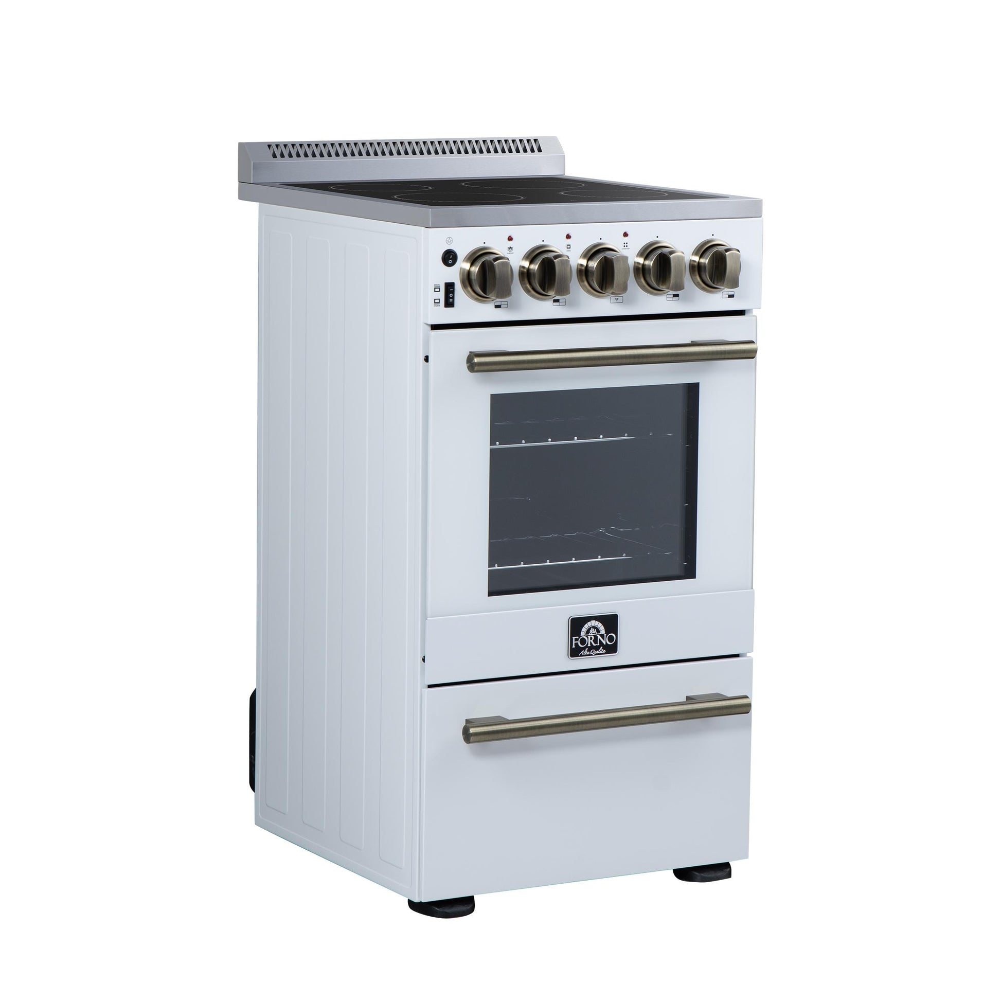 Forno FFSEL605220WHT Forno Pallerano 20 Inch Freestanding Electric Range In White With Antique Brass, Compact Design