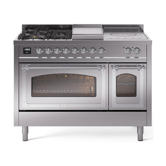 Ilve UN48FSNMPSSC Ilve Un48Fsnmpssc Nostalgie Ii Noblesse 48" Dual Fuel Range (5 Sealed Burners + Griddle + French Top, Natural Gas, Triple Glass Door, Stainless Steel, Chrome)