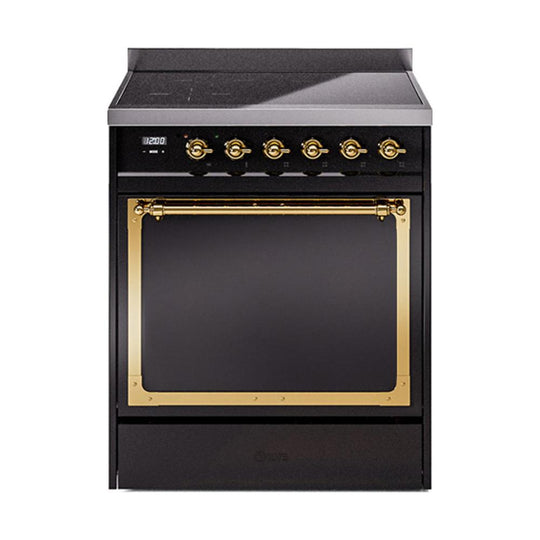 Ilve UNI304QNMPBKG Ilve Uni304Qnmpbkg Nostalgie Ii Noblesse 30" Induction Range (Solid Door, Glossy Black, Brass)