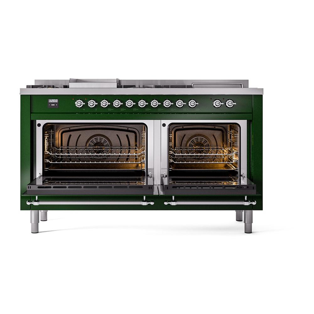 Ilve UN60FSQNMPEGC Ilve Un60Fsqnmpegc Nostalgie Ii Noblesse 60" Dual Fuel Range (7 Sealed Burners + Griddle + French Top, Natural Gas, Solid Door, Emerald Green, Chrome)