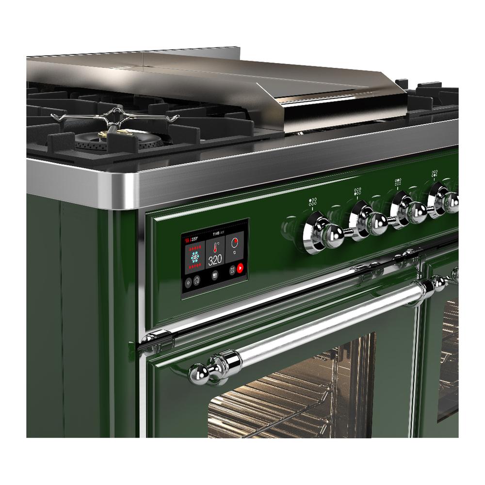 Ilve UMD40FNR3EGCLP Ilve Umd40Fnr3Egclp Majestic Iii 40 Inch Dual Fuel Range With 6 Burners And Griddle, Dual Function Burner Up To 25,000 Btu (Liquid Propane, Triple Glass Door, Emerald Green, Chrome)