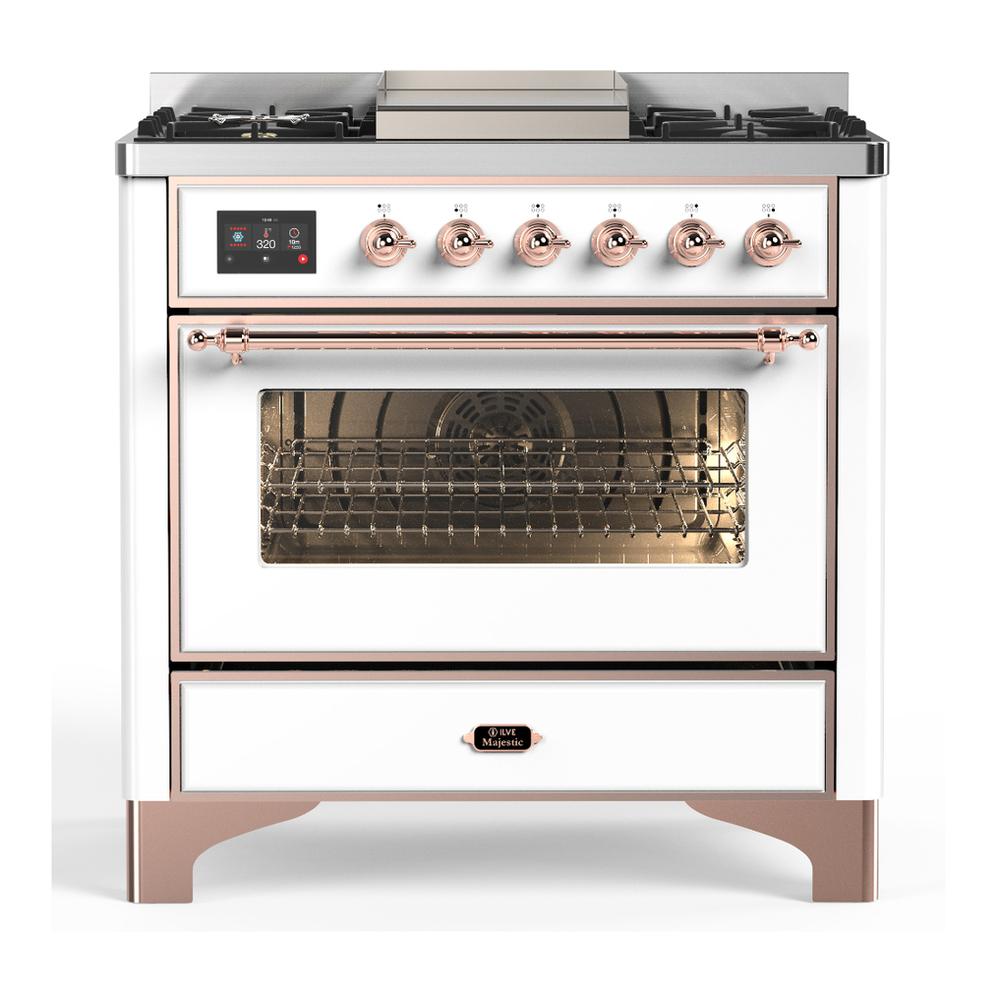 Ilve UM36FNR3WHP Ilve Um36Fnr3Whp Majestic Iii 36 Inch Dual Fuel Range With 6 Black Brass Burners And Griddle, Dual Function Burner Up To 25,000 Btu (Triple Glass Door, White, Copper, Natural Gas)