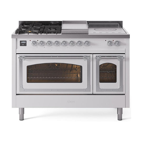 Ilve UN48FSNMPWHCLP Ilve Un48Fsnmpwhclp Nostalgie Ii Noblesse 48" Dual Fuel Range (5 Sealed Burners + Griddle + French Top, Liquid Propane, Triple Glass Door, White, Chrome)