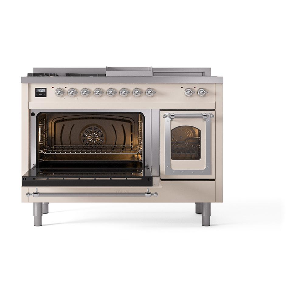 Ilve UN48FSNMPAWCLP Ilve Un48Fsnmpawclp Nostalgie Ii Noblesse 48" Dual Fuel Range (5 Sealed Burners + Griddle + French Top, Liquid Propane, Triple Glass Door, Antique White, Chrome)