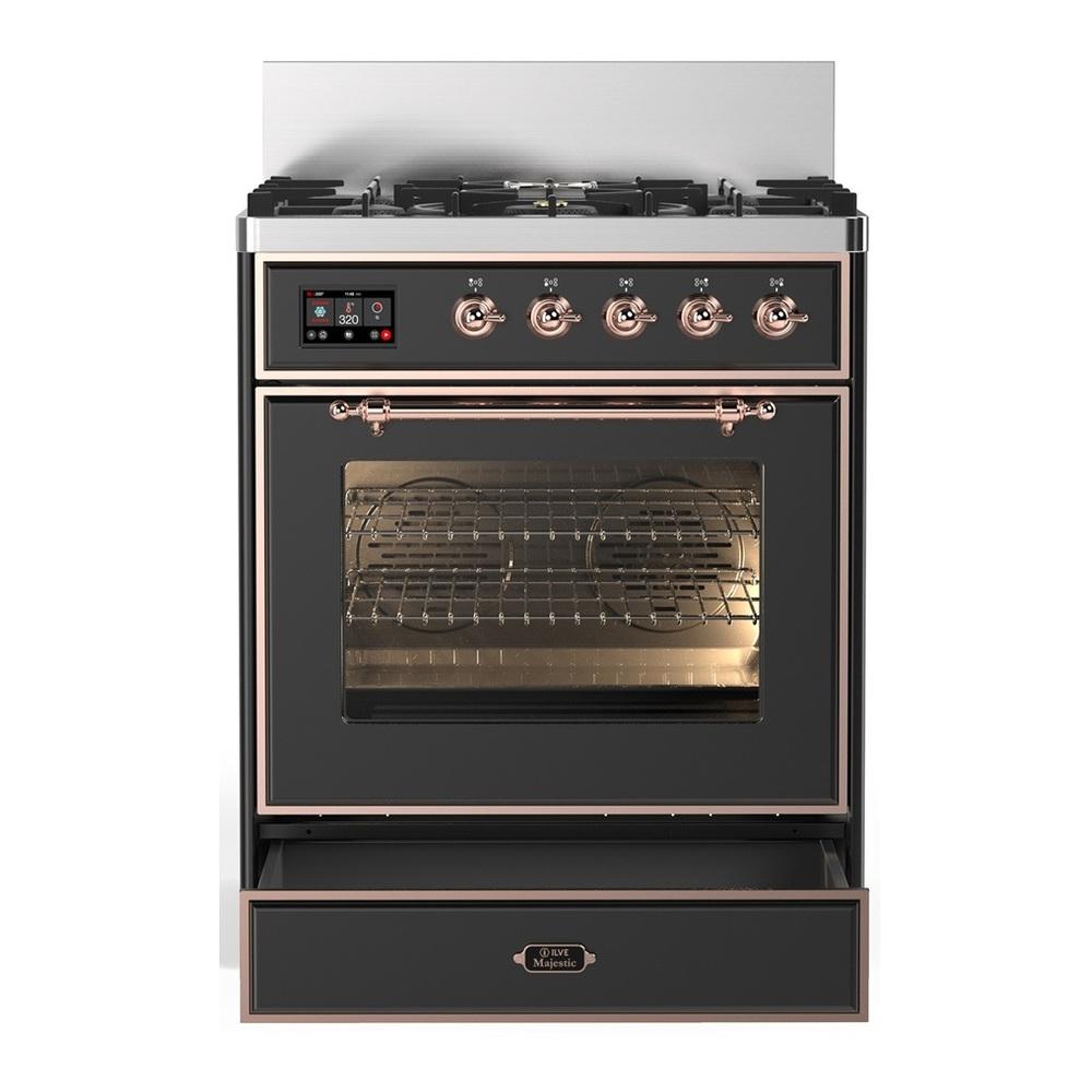 Ilve UM30NR3MGPLP Ilve Um30Nr3Mgplp Majestic Iii 30 Inch Dual Fuel Range With 5 Black Brass Burners, Dual Function Burner Up To 25,000 Btu (Liquid Propane, Triple Glass Door, Graphite Matte, Copper)