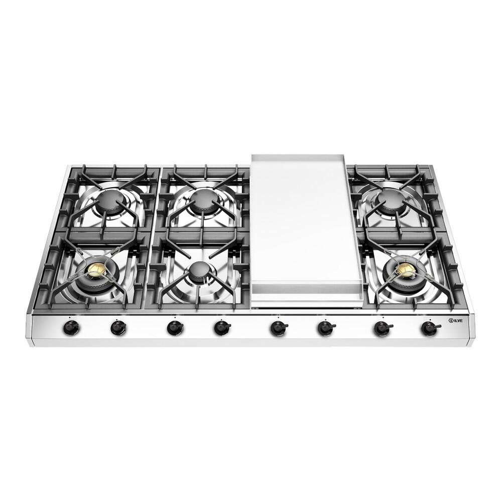 Ilve UHCP1265FNSSBLP Ilve Uhcp1265Fnssblp Nostalgie Ii 48 Inch Gas Cooktop With 8 Burners, Griddle, In Stainless Steel (Liquid Propane, Burnished)