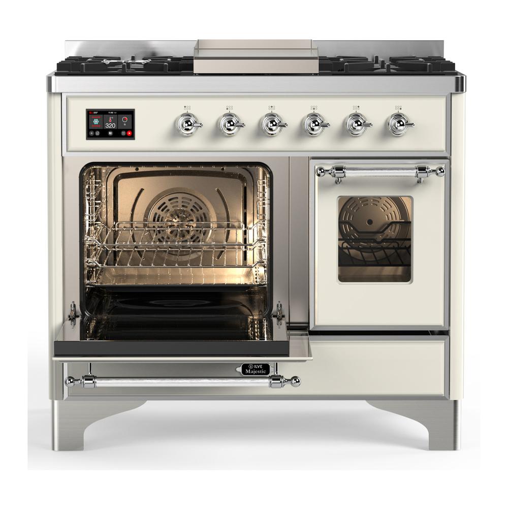 Ilve UMD40FNR3AWCLP Ilve Umd40Fnr3Awclp Majestic Iii 40 Inch Dual Fuel Range With 6 Burners And Griddle, Dual Function Burner Up To 25,000 Btu (Liquid Propane, Triple Glass Door, Antique White, Chrome)