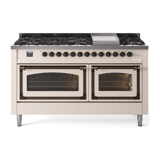 Ilve UN60FNMPAWBLP Ilve Un60Fnmpawblp Nostalgie Ii Noblesse 60" Dual Fuel Range (9 Sealed Burners + Griddle, Liquid Propane, Triple Glass Door, Antique White, Burnished)