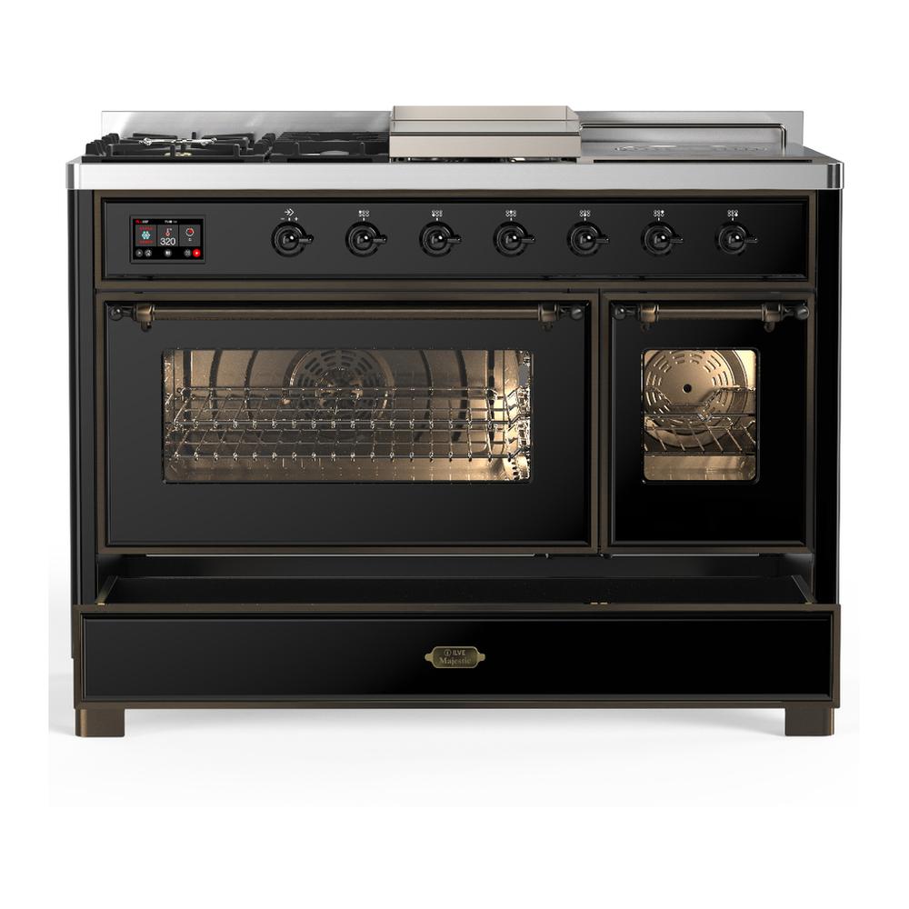 Ilve UM48FSNR3BKB Ilve Um48Fsnr3Bkb Majestic Iii 48 Inch Dual Fuel Range With 5 Black Brass Burners, Griddle And French Top, Dual Function Burner Up To 25,000 Btu (Natural Gas, Triple Glass Door, Glossy Black, Burnished)