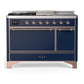Ilve UM48FSQNR3MBPLP Ilve Um48Fsqnr3Mbplp Majestic Iii 48 Inch Dual Fuel Range With 5 Black Brass Burners, Griddle And French Top, Dual Function Burner Up To 25,000 Btu (Liquid Propane, Solid Door, Midnight Blue, Copper)