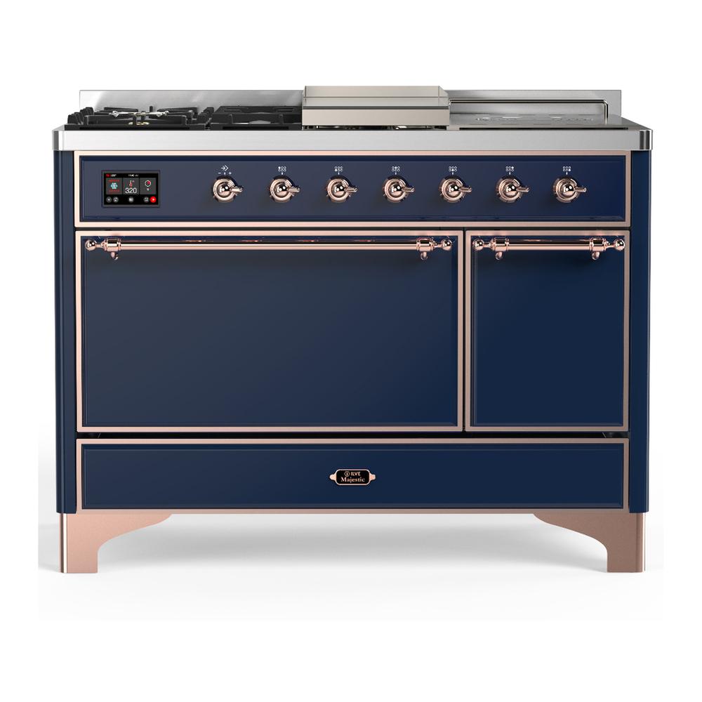 Ilve UM48FSQNR3MBPLP Ilve Um48Fsqnr3Mbplp Majestic Iii 48 Inch Dual Fuel Range With 5 Black Brass Burners, Griddle And French Top, Dual Function Burner Up To 25,000 Btu (Liquid Propane, Solid Door, Midnight Blue, Copper)