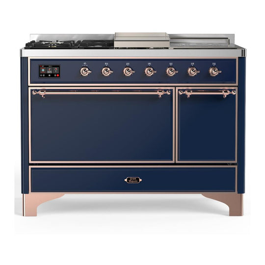 Ilve UM48FSQNR3MBPLP Ilve Um48Fsqnr3Mbplp Majestic Iii 48 Inch Dual Fuel Range With 5 Black Brass Burners, Griddle And French Top, Dual Function Burner Up To 25,000 Btu (Liquid Propane, Solid Door, Midnight Blue, Copper)