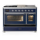 Ilve UM48FSNR3MBC Ilve Um48Fsnr3Mbc Majestic Iii 48 Inch Dual Fuel Range With 5 Black Brass Burners, Griddle And French Top, Dual Function Burner Up To 25,000 Btu (Natural Gas, Triple Glass Door, Midnight Blue, Chrome)