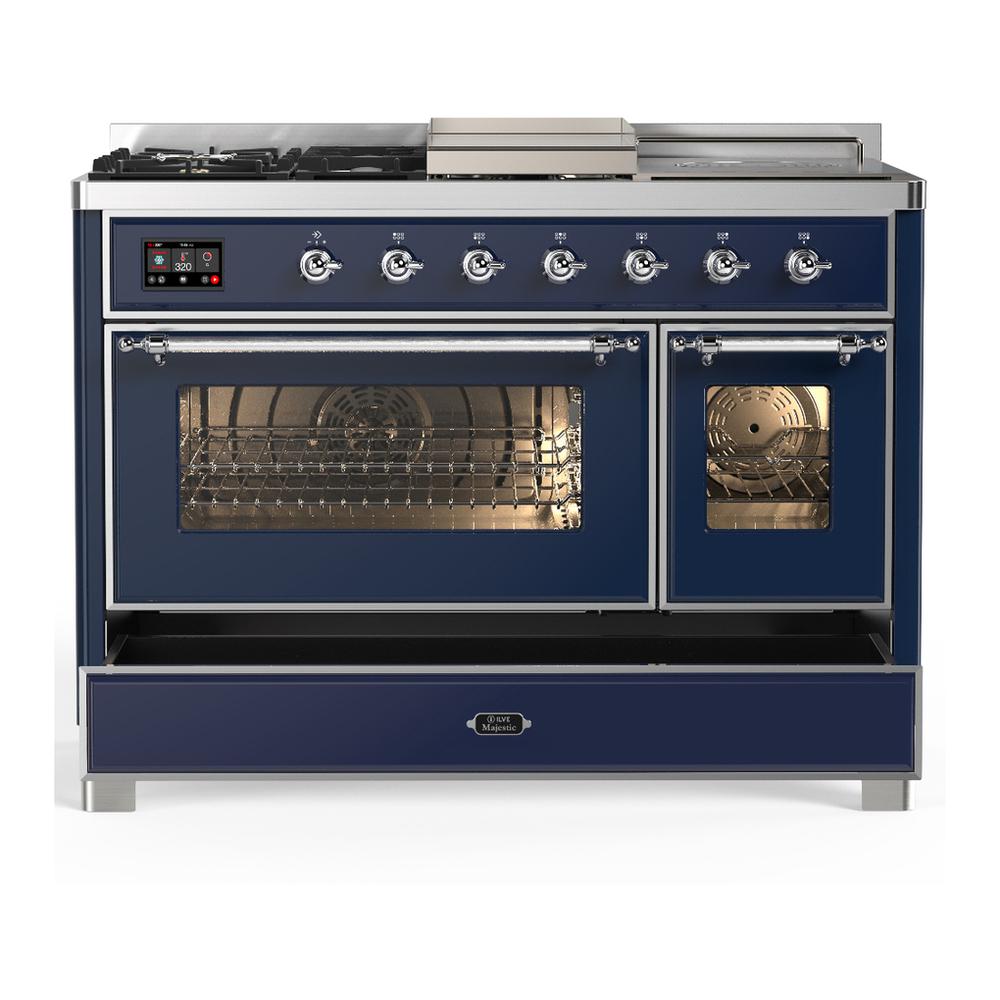 Ilve UM48FSNR3MBC Ilve Um48Fsnr3Mbc Majestic Iii 48 Inch Dual Fuel Range With 5 Black Brass Burners, Griddle And French Top, Dual Function Burner Up To 25,000 Btu (Natural Gas, Triple Glass Door, Midnight Blue, Chrome)