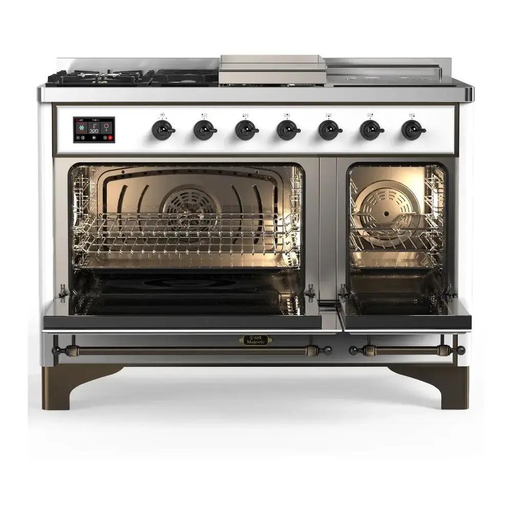 Ilve UM48FSQNR3RAB Ilve Um48Fsqnr3Rab Majestic Iii 48 Inch Dual Fuel Range With 5 Black Brass Burners, Griddle And French Top, Dual Function Burner Up To 25,000 Btu (Natural Gas, Solid Door, Ral, Burnished)
