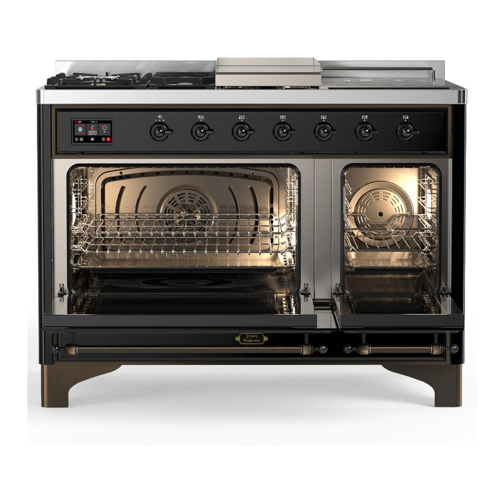 Ilve UM48FSQNR3BKBLP Ilve Um48Fsqnr3Bkblp Majestic Iii 48 Inch Dual Fuel Range With 5 Black Brass Burners, Griddle And French Top, Dual Function Burner Up To 25,000 Btu (Liquid Propane, Solid Door, Glossy Black, Burnished)