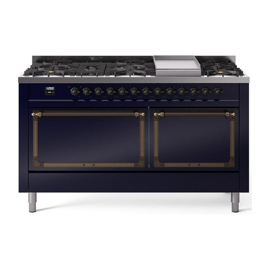 Ilve UN60FQNMPMBBLP Ilve Un60Fqnmpmbblp Nostalgie Ii Noblesse 60" Dual Fuel Range (9 Sealed Burners + Griddle, Liquid Propane, Solid Door, Midnight Blue, Burnished)