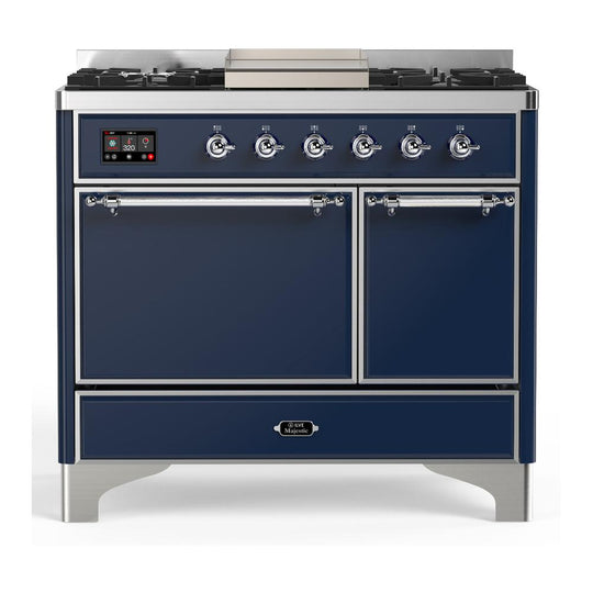 Ilve UMD40FQNR3MBCLP Ilve Umd40Fqnr3Mbclp Majestic Iii 40 Inch Dual Fuel Range With 6 Burners And Griddle, Dual Function Burner Up To 25,000 Btu (Liquid Propane, Solid Door, Midnight Blue, Chrome)