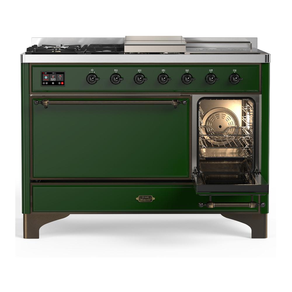 Ilve UM48FSQNR3EGB Ilve Um48Fsqnr3Egb Majestic Iii 48 Inch Dual Fuel Range With 5 Black Brass Burners, Griddle And French Top, Dual Function Burner Up To 25,000 Btu (Natural Gas, Solid Door, Emerald Green, Burnished)