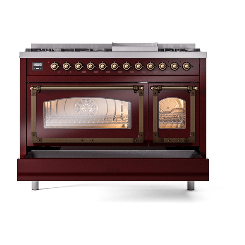 Ilve UN48FNMPBUB Ilve Un48Fnmpbub Nostalgie Ii Noblesse 48" Dual Fuel Range (8 Sealed Burners + Griddle, Natural Gas, Triple Glass Door, Burgundy, Burnished)