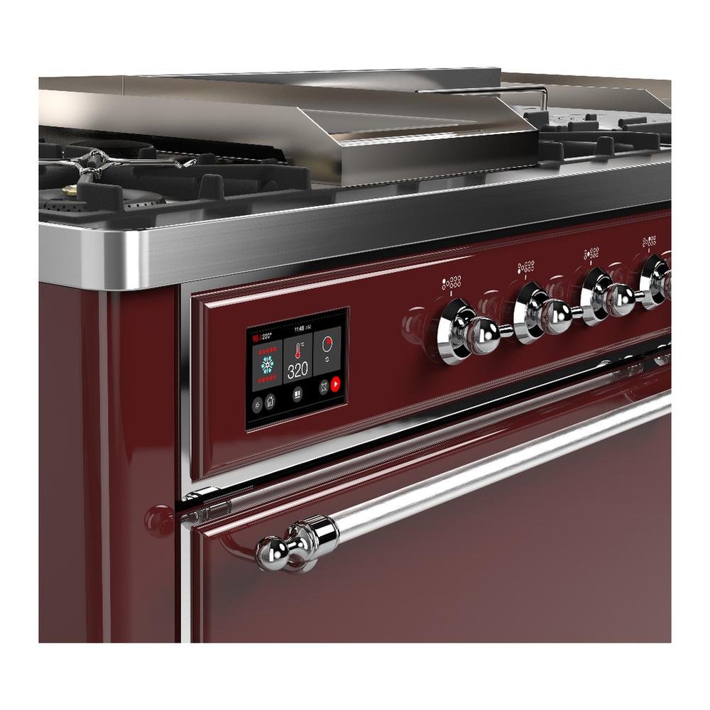 Ilve UM60FSQNR3BUCLP Ilve Um60Fsqnr3Buclp Majestic Iii 60 Inch Dual Fuel Range With 7 Burners, Griddle And French Top, Dual Function Burner With Up To 25,000 Btu (Liquid Propane, Solid Door, Burgundy, Chrome)