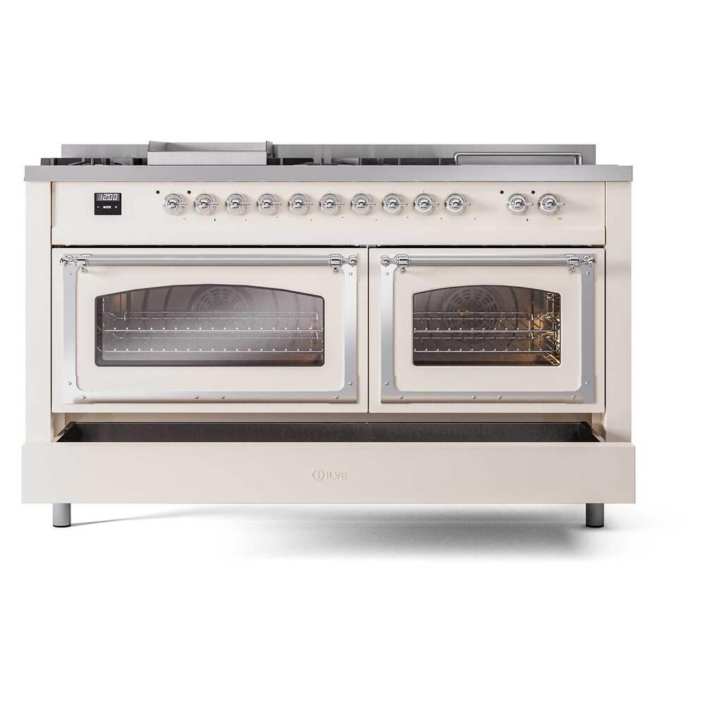 Ilve UN60FSNMPAWCLP Ilve Un60Fsnmpawclp Nostalgie Ii Noblesse 60" Dual Fuel Range (7 Sealed Burners + Griddle + French Top, Liquid Propane, Triple Glass Door, Antique White, Chrome)