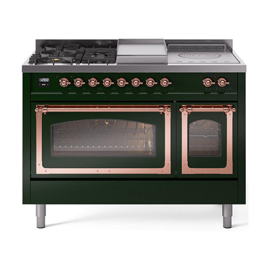 Ilve UN48FSNMPEGP Ilve Un48Fsnmpegp Nostalgie Ii Noblesse 48" Dual Fuel Range (5 Sealed Burners + Griddle + French Top, Natural Gas, Triple Glass Door, Emerald Green, Copper)