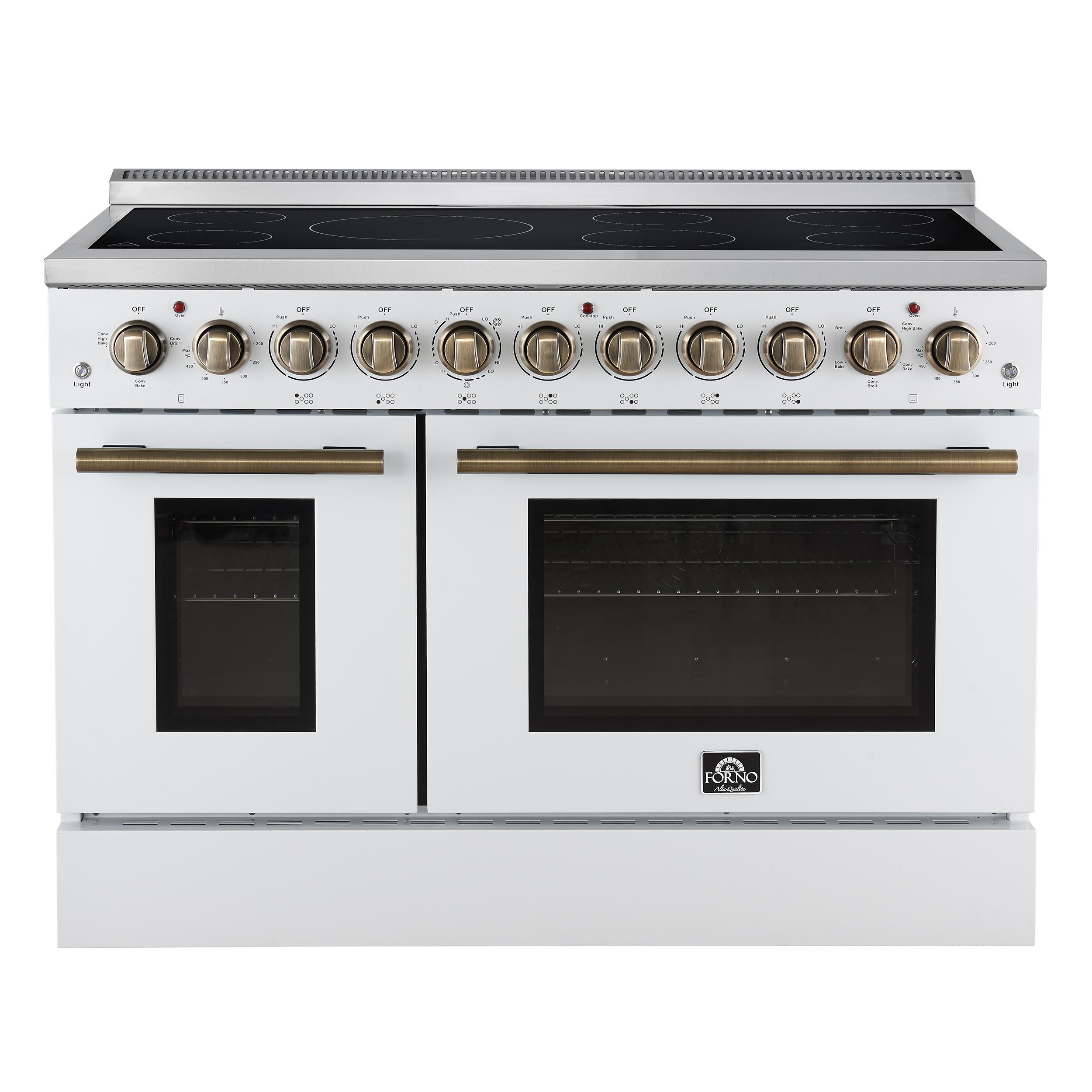 Forno FFSEL601148WHT Forno Paolo 48 Inch Freestanding Electric Range In White With Antique Brass, 6.7 Cu.Ft, True Convection Oven, Energy Efficient