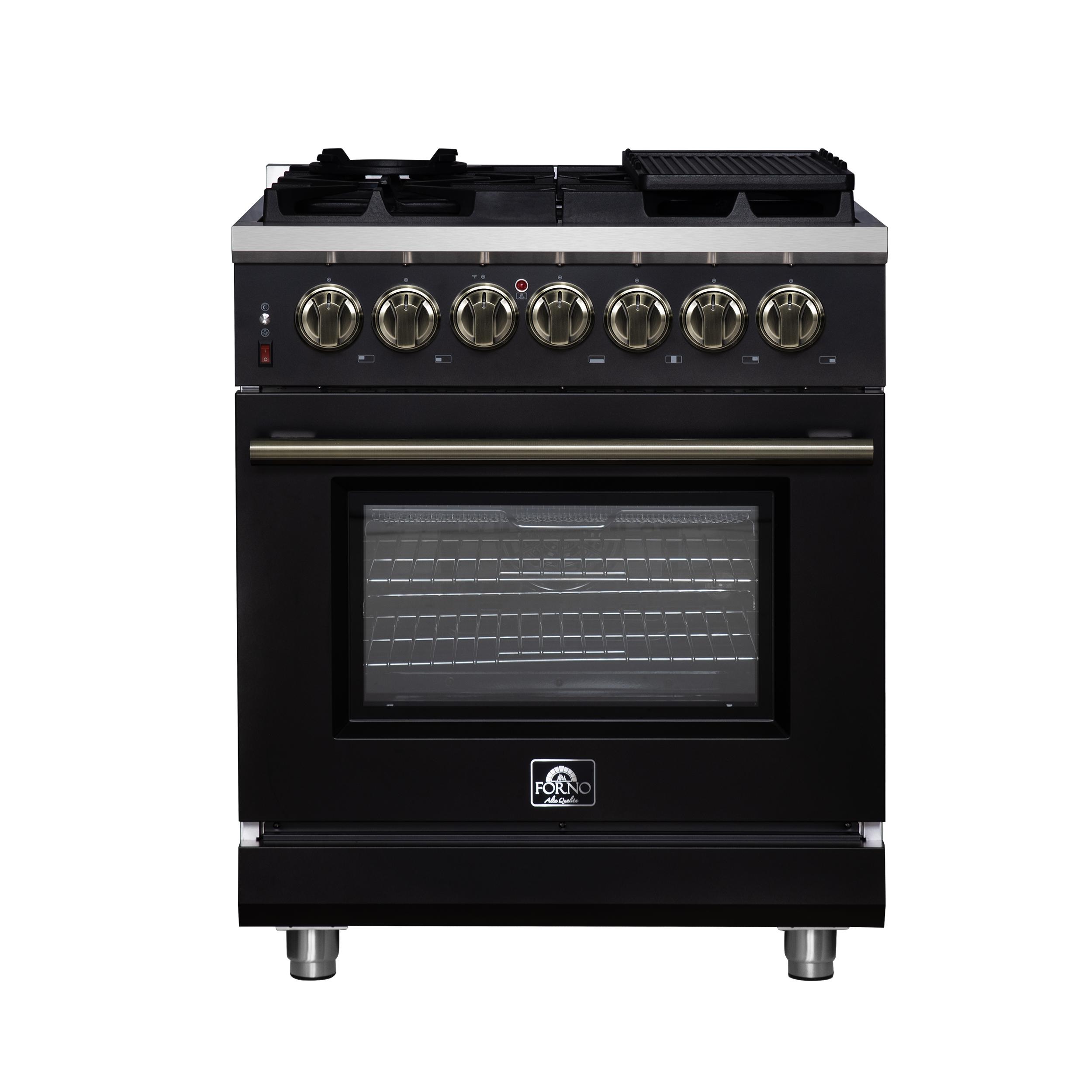 Forno FFSGS612530BLK Forno Massimo 30-Inch Freestanding Dual Fuel Range In Black With Antique Brass Accessories, 4 Burners, 4.32 Cu. Ft. Convection Oven