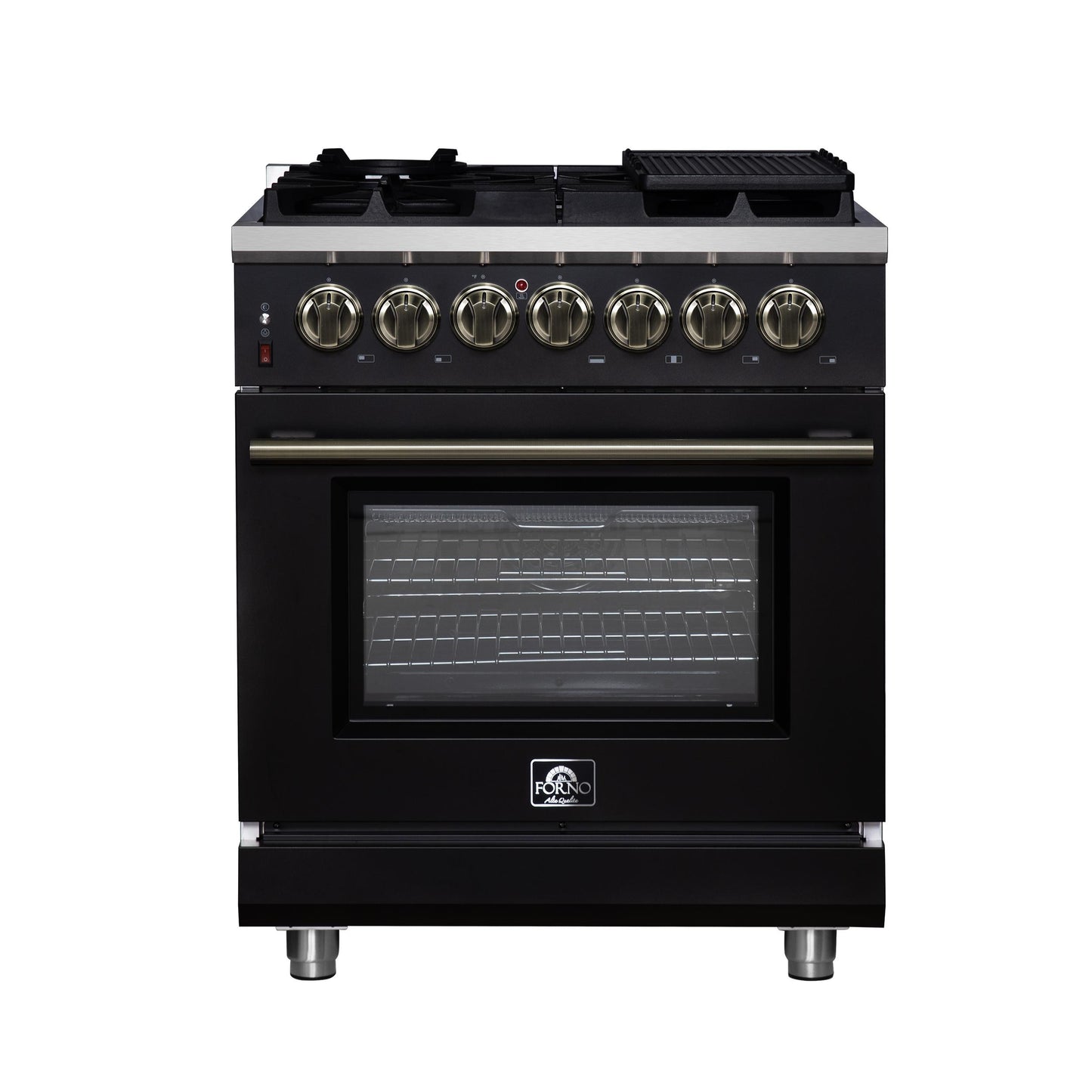 Forno FFSGS612530BLK Forno Massimo 30-Inch Freestanding Dual Fuel Range In Black With Antique Brass Accessories, 4 Burners, 4.32 Cu. Ft. Convection Oven