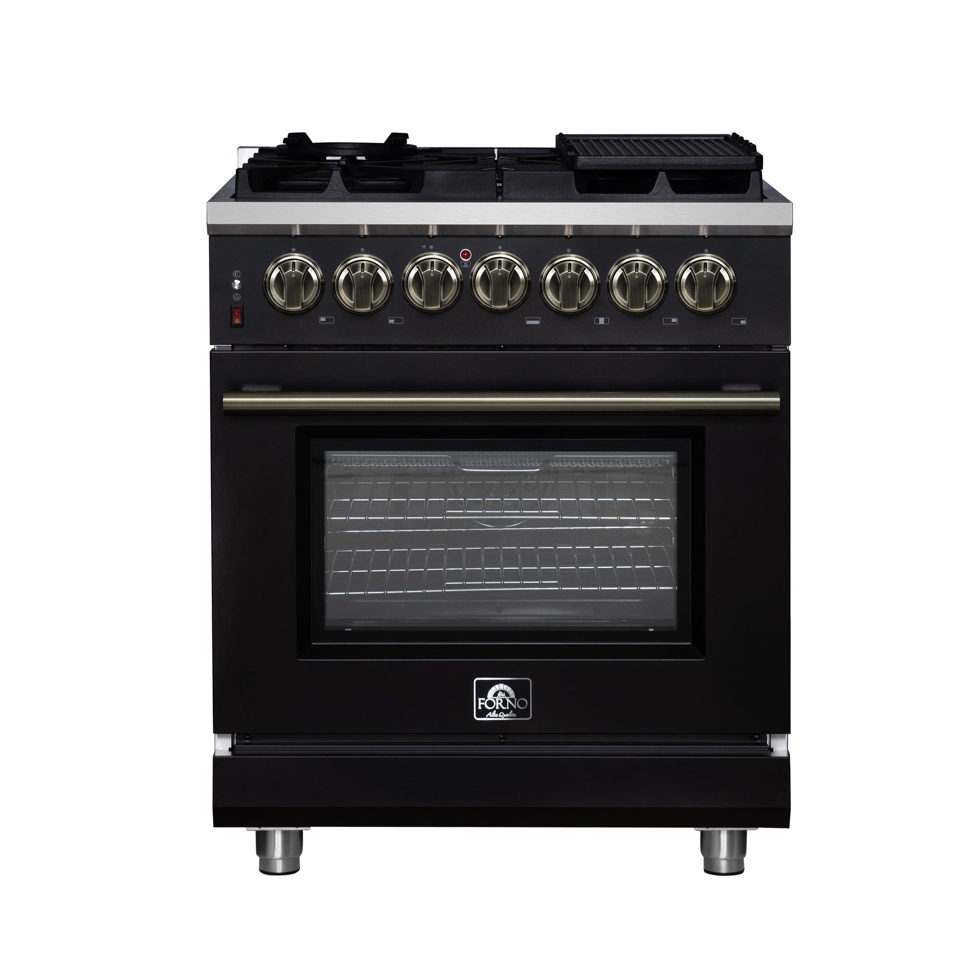 Forno FFSGS612530BLK Forno Massimo 30-Inch Freestanding Dual Fuel Range In Black With Antique Brass Accessories, 4 Burners, 4.32 Cu. Ft. Convection Oven