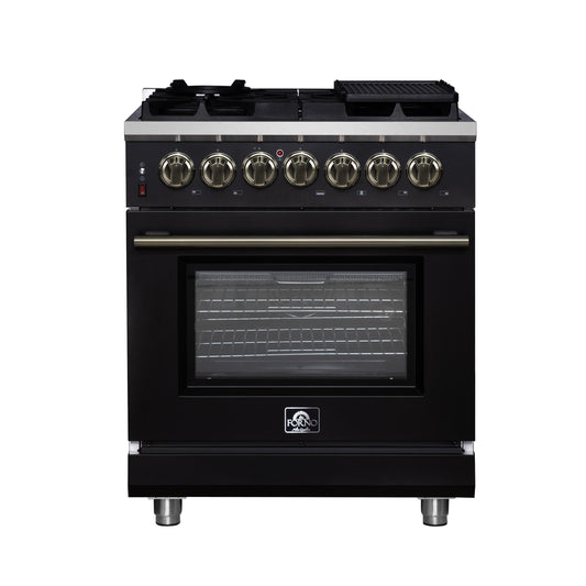 Forno FFSGS612530BLK Forno Massimo 30-Inch Freestanding Dual Fuel Range In Black With Antique Brass Accessories, 4 Burners, 4.32 Cu. Ft. Convection Oven